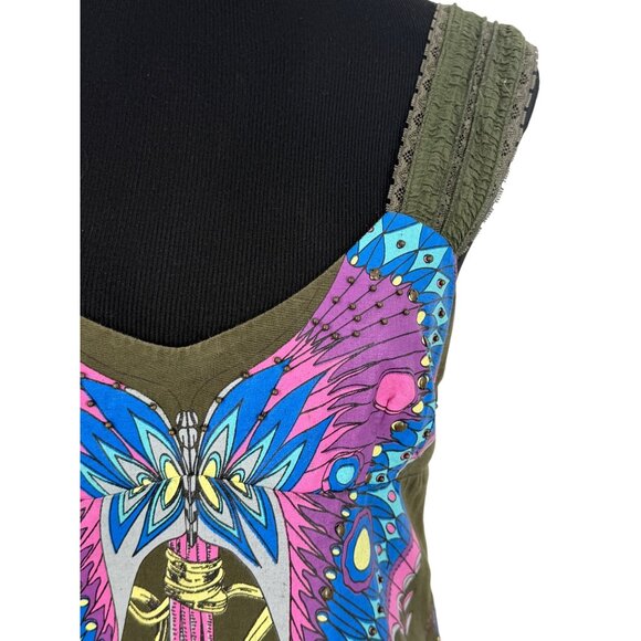 RARE VTG Free People Green Butterfly Mini Dress 10| Whimsigoth Boho Fairy Grunge - Picture 3 of 16